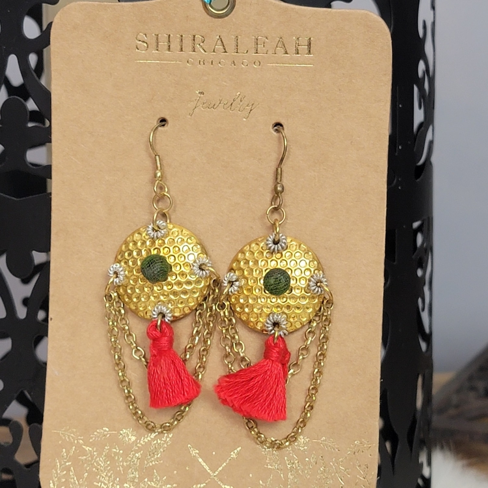 Nwt Shiraleah Anthropologie Salome Chandelier Gold Earrings Red Fringe